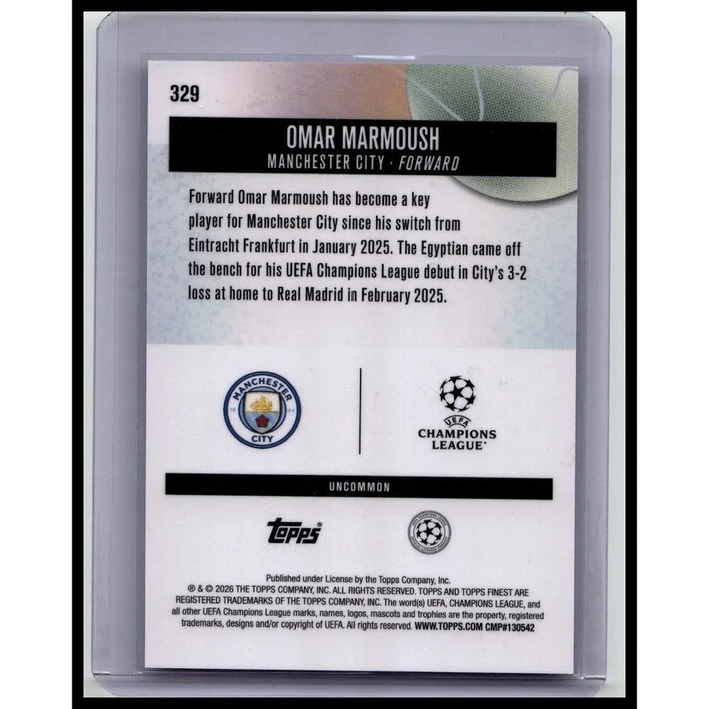 2026 Topps Finest UEFA#329 Omar Marmoush, Manchester City Purple Checkerboard/99